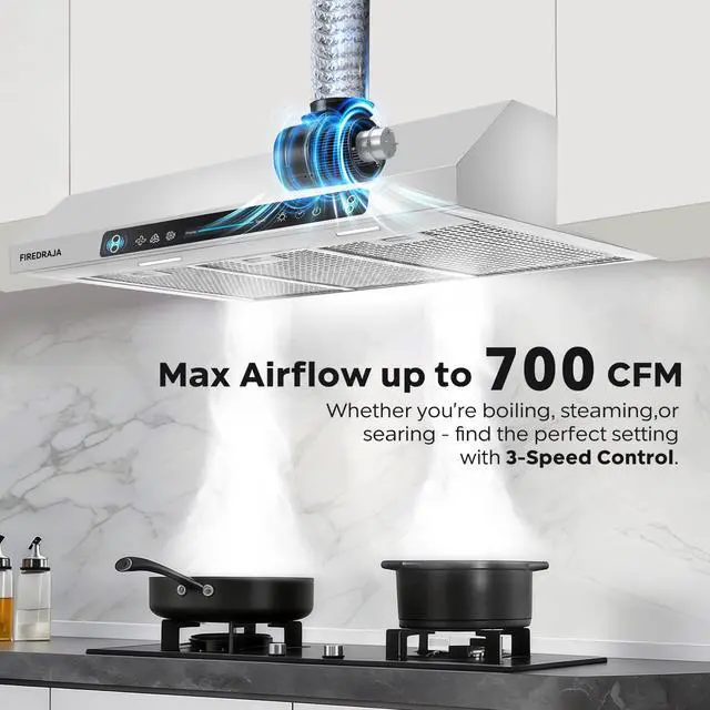 Alt view image 5 of 7 - 36 Inch(900mm) Under Cabinet Range Hood, 700 CFM Kitchen Vent Hood with Touch & Gesture Control, 3-Speed Quiet Operation, Stainless Steel with LED Lights, Ducted/Ductless