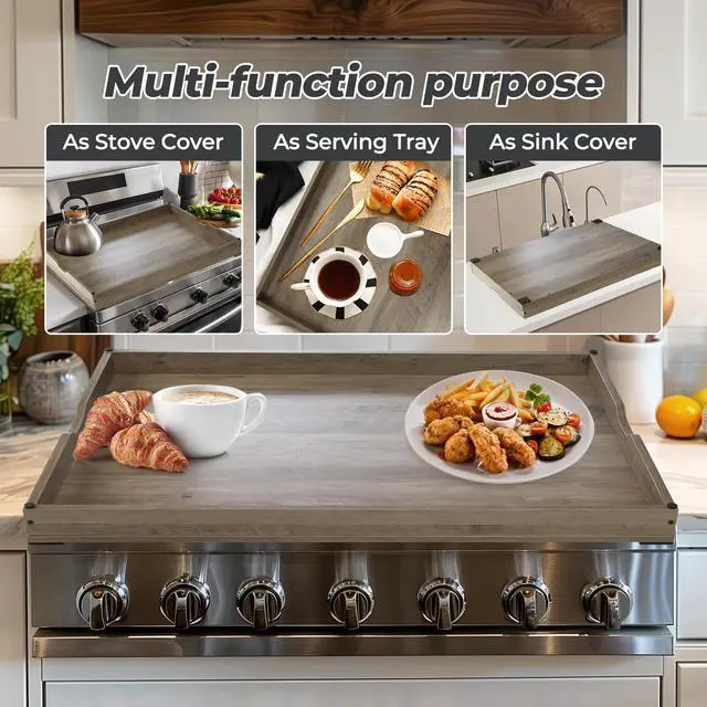 Alt view image 3 of 7 - Noodle Board Stove Covers for Gas Burners, 30"L x 22"W x 2.5"Th Heavyweight Stove Top Covers for Electric Stove, Buil-in Handles, RV Stove Cover, Sink Cover, Wooden Serving Tray (Grey)