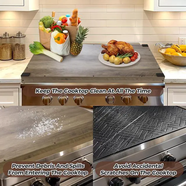 Alt view image 6 of 7 - Noodle Board Stove Covers for Gas Burners, 30"L x 22"W x 2.5"Th Heavyweight Stove Top Covers for Electric Stove, Buil-in Handles, RV Stove Cover, Sink Cover, Wooden Serving Tray (Grey)