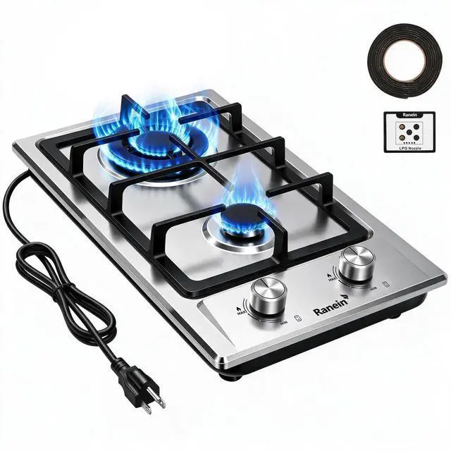Main image of 12 Inch 2 Burner Gas Cooktop, NG/LPG Convertible Gas Stove Top, 304 Stainless Steel with Thermocouple Flameout Protection for Kitchens, Apartments, RVs