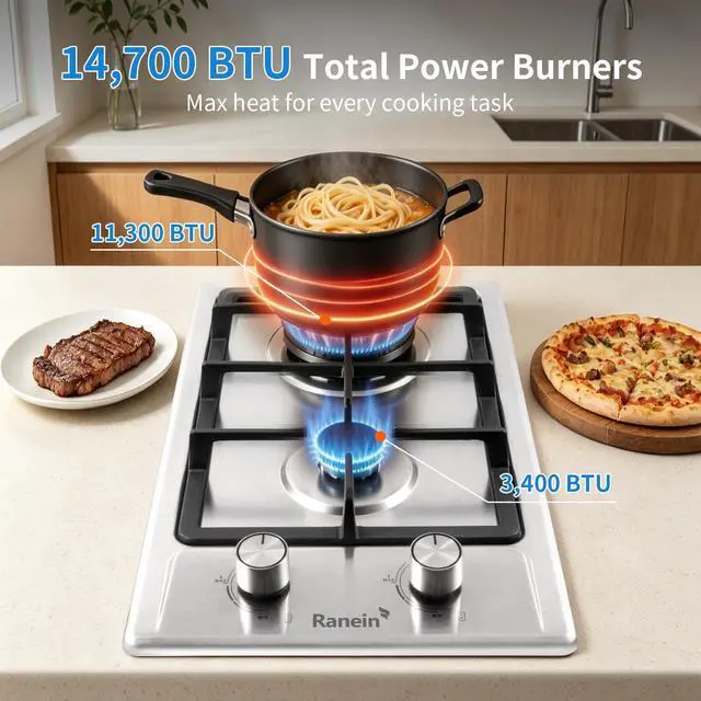 Alt view image 3 of 7 - 12 Inch 2 Burner Gas Cooktop, NG/LPG Convertible Gas Stove Top, 304 Stainless Steel with Thermocouple Flameout Protection for Kitchens, Apartments, RVs