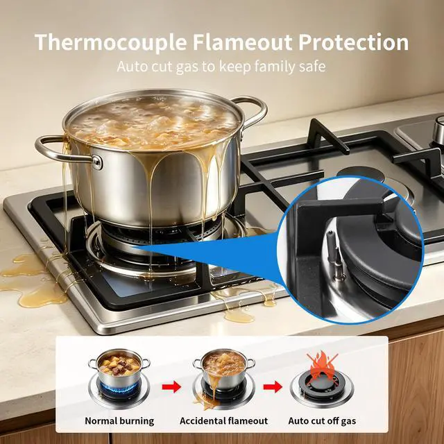 Alt view image 6 of 7 - 12 Inch 2 Burner Gas Cooktop, NG/LPG Convertible Gas Stove Top, 304 Stainless Steel with Thermocouple Flameout Protection for Kitchens, Apartments, RVs