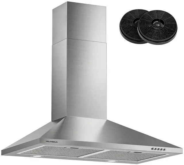 Main image of Range Hood 30 inch, 450 CFM Wall Mount Kitchen Hood in Stainless Steel with LED Lighting, 3 Speed Exhaust Fan, Ducted/Ductless Convertible (Charcoal Filters Included)