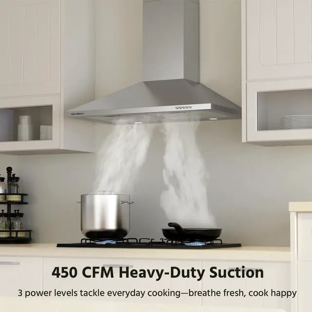 Alt view image 2 of 7 - Range Hood 30 inch, 450 CFM Wall Mount Kitchen Hood in Stainless Steel with LED Lighting, 3 Speed Exhaust Fan, Ducted/Ductless Convertible (Charcoal Filters Included)
