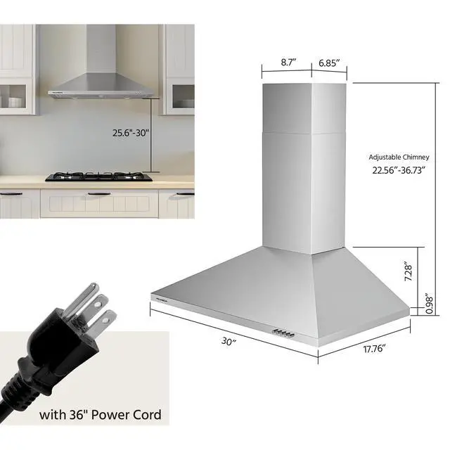 Alt view image 3 of 7 - Range Hood 30 inch, 450 CFM Wall Mount Kitchen Hood in Stainless Steel with LED Lighting, 3 Speed Exhaust Fan, Ducted/Ductless Convertible (Charcoal Filters Included)