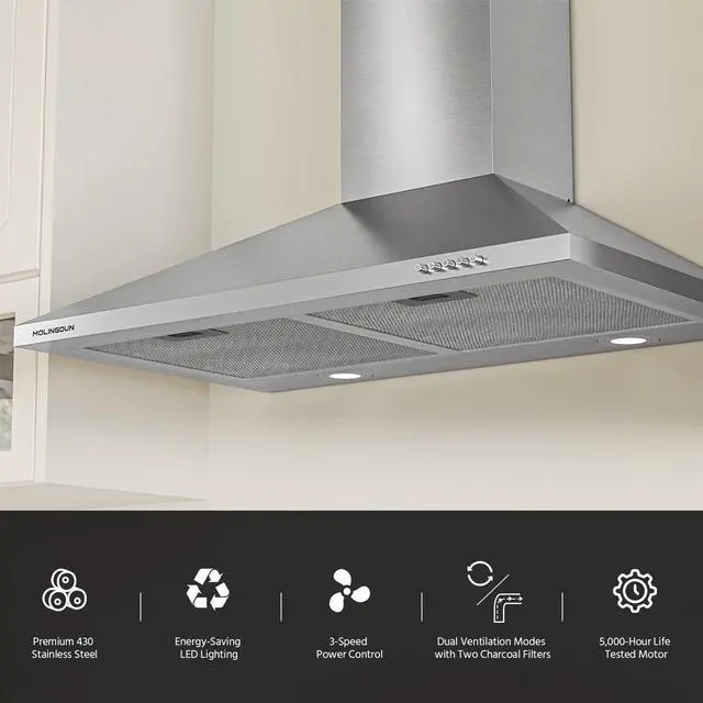 Alt view image 4 of 7 - Range Hood 30 inch, 450 CFM Wall Mount Kitchen Hood in Stainless Steel with LED Lighting, 3 Speed Exhaust Fan, Ducted/Ductless Convertible (Charcoal Filters Included)