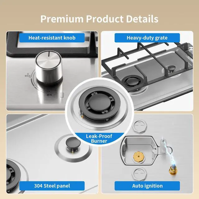 Alt view image 7 of 7 - 12 Inch 2 Burner Gas Cooktop, NG/LPG Convertible Gas Stove Top, 304 Stainless Steel with Thermocouple Flameout Protection for Kitchens, Apartments, RVs