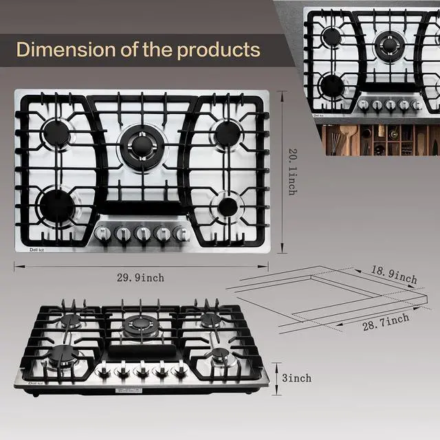 Alt view image 5 of 6 - 30 Inch Gas Cooktop - Dual Fuel Sealed 5 Burners Built-In Stainless Steel Hob DK257-A03