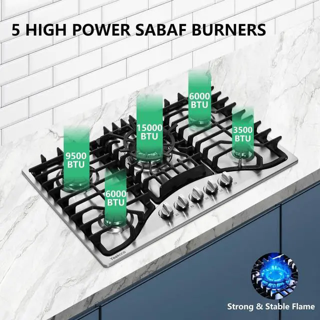 Alt view image 2 of 7 - 30 Inch Gas Cooktop, 5 Burners Stainless Steel Built-in Stovetop Propane/Natural Gas Convertible Stove Top Dual Fuel Cooktop