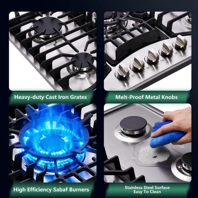 Alt view image 3 of 7 - 30 Inch Gas Cooktop, 5 Burners Stainless Steel Built-in Stovetop Propane/Natural Gas Convertible Stove Top Dual Fuel Cooktop