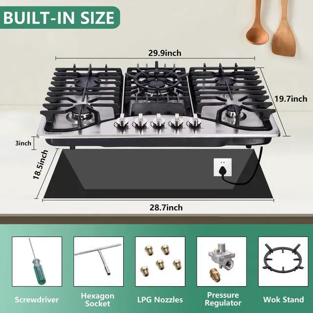 Alt view image 4 of 7 - 30 Inch Gas Cooktop, 5 Burners Stainless Steel Built-in Stovetop Propane/Natural Gas Convertible Stove Top Dual Fuel Cooktop