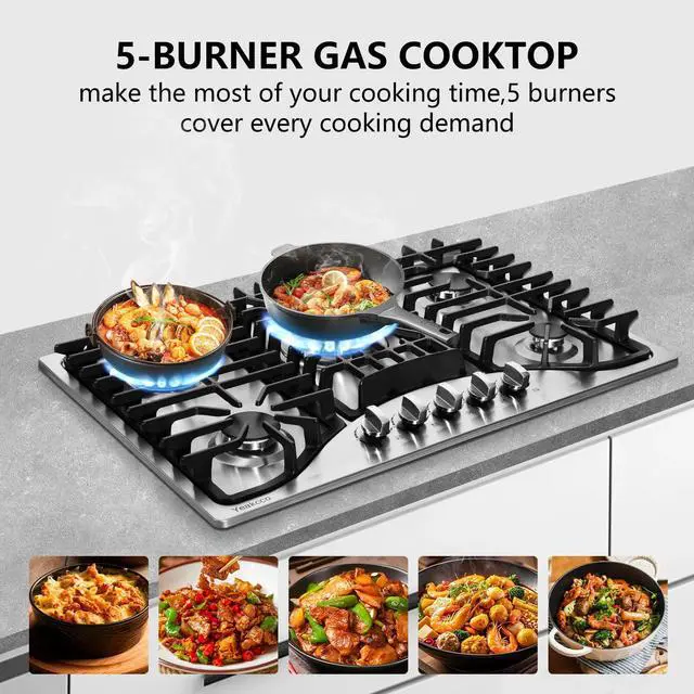 Alt view image 5 of 7 - 30 Inch Gas Cooktop, 5 Burners Stainless Steel Built-in Stovetop Propane/Natural Gas Convertible Stove Top Dual Fuel Cooktop
