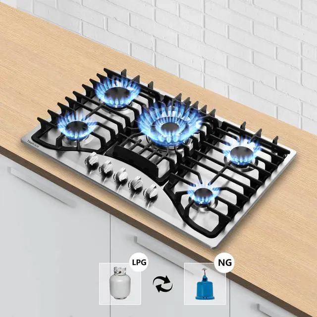 Alt view image 6 of 7 - 30 Inch Gas Cooktop, 5 Burners Stainless Steel Built-in Stovetop Propane/Natural Gas Convertible Stove Top Dual Fuel Cooktop