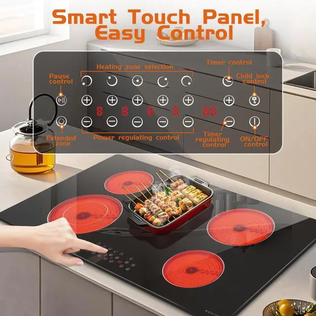 Alt view image 2 of 7 - 36 Inch Electric Cooktop 5 Burner Electric StoveTop,8400W High Power | Built-in Electric Radiant Ceramic Cooktop with Extended Zone, Child Safety Lock, Timer, Pause, Glass Stove, 220-240V HardWire