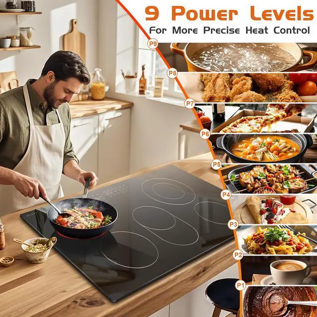 Alt view image 3 of 7 - 36 Inch Electric Cooktop 5 Burner Electric StoveTop,8400W High Power | Built-in Electric Radiant Ceramic Cooktop with Extended Zone, Child Safety Lock, Timer, Pause, Glass Stove, 220-240V HardWire