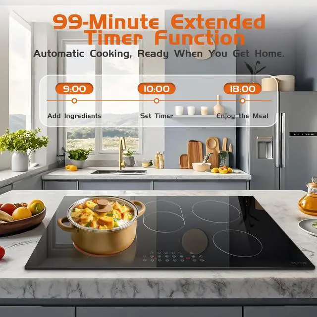 Alt view image 4 of 7 - 36 Inch Electric Cooktop 5 Burner Electric StoveTop,8400W High Power | Built-in Electric Radiant Ceramic Cooktop with Extended Zone, Child Safety Lock, Timer, Pause, Glass Stove, 220-240V HardWire