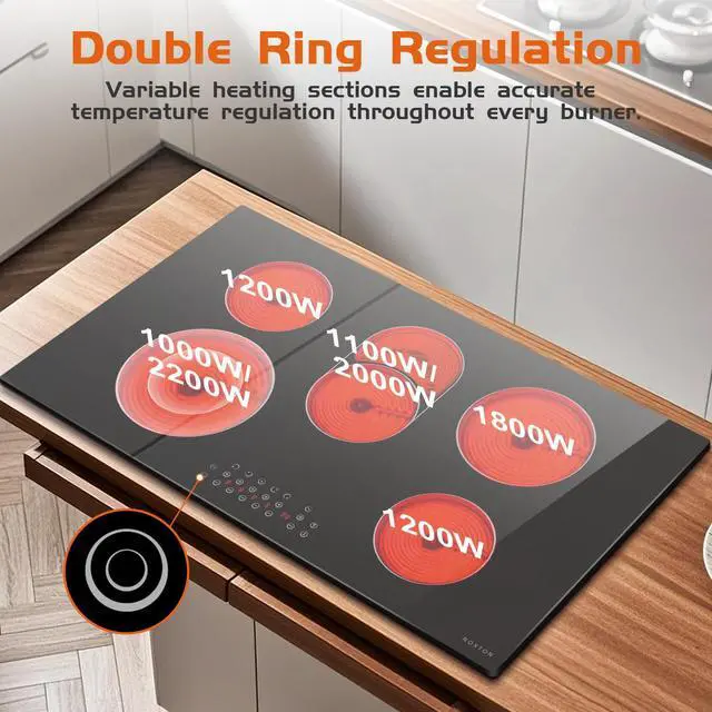 Alt view image 5 of 7 - 36 Inch Electric Cooktop 5 Burner Electric StoveTop,8400W High Power | Built-in Electric Radiant Ceramic Cooktop with Extended Zone, Child Safety Lock, Timer, Pause, Glass Stove, 220-240V HardWire