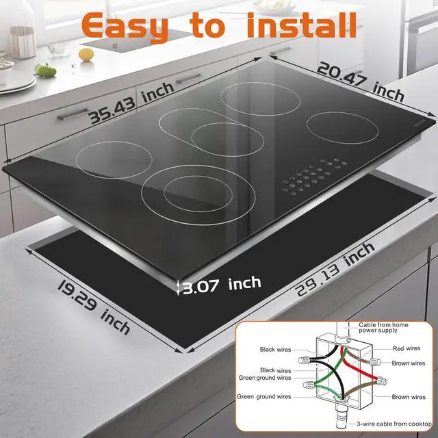 Alt view image 7 of 7 - 36 Inch Electric Cooktop 5 Burner Electric StoveTop,8400W High Power | Built-in Electric Radiant Ceramic Cooktop with Extended Zone, Child Safety Lock, Timer, Pause, Glass Stove, 220-240V HardWire