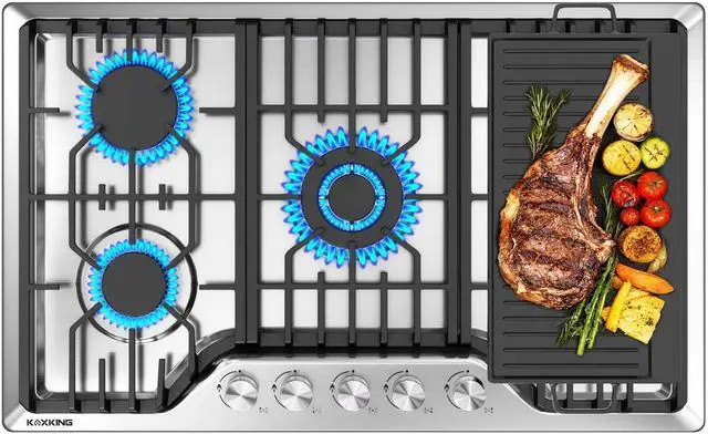 Main image of 30 Inch Gas Cooktop with Griddle, 5 Burner Stainless Steel Built-In Drop-In, NG/LPG Convertible, Thermocouple Flame Failure Protection, Metal Knobs