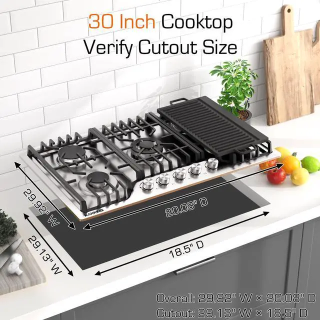 Alt view image 2 of 7 - 30 Inch Gas Cooktop with Griddle, 5 Burner Stainless Steel Built-In Drop-In, NG/LPG Convertible, Thermocouple Flame Failure Protection, Metal Knobs