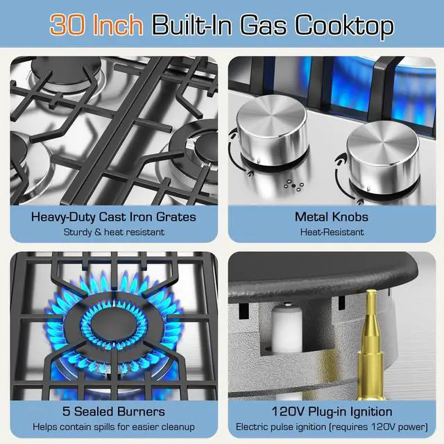 Alt view image 3 of 7 - 30 Inch Gas Cooktop with Griddle, 5 Burner Stainless Steel Built-In Drop-In, NG/LPG Convertible, Thermocouple Flame Failure Protection, Metal Knobs
