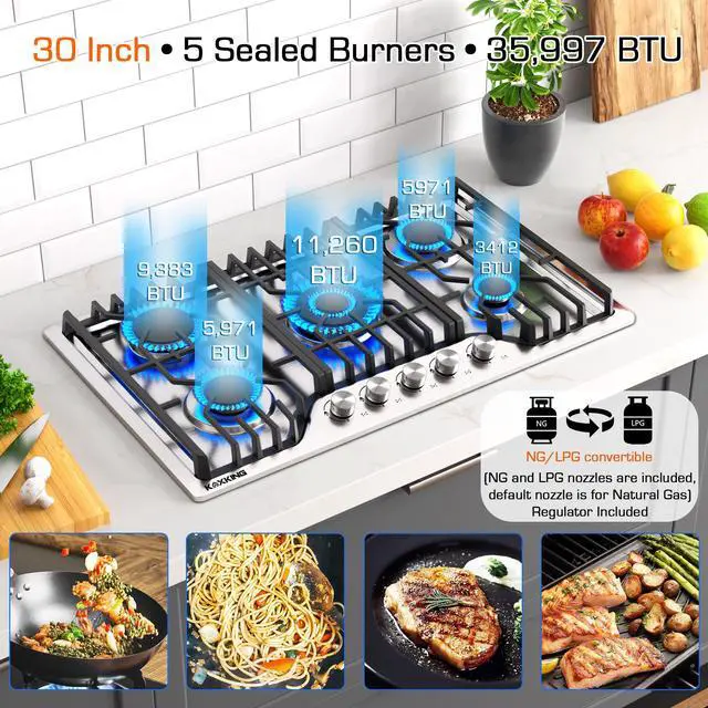 Alt view image 4 of 7 - 30 Inch Gas Cooktop with Griddle, 5 Burner Stainless Steel Built-In Drop-In, NG/LPG Convertible, Thermocouple Flame Failure Protection, Metal Knobs