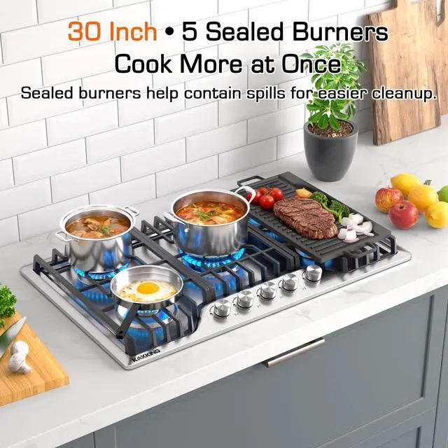 Alt view image 5 of 7 - 30 Inch Gas Cooktop with Griddle, 5 Burner Stainless Steel Built-In Drop-In, NG/LPG Convertible, Thermocouple Flame Failure Protection, Metal Knobs