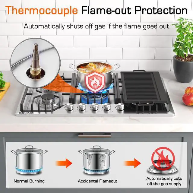 Alt view image 7 of 7 - 30 Inch Gas Cooktop with Griddle, 5 Burner Stainless Steel Built-In Drop-In, NG/LPG Convertible, Thermocouple Flame Failure Protection, Metal Knobs