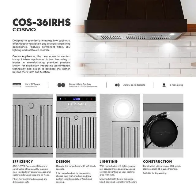 Alt view image 6 of 7 - 36 in. Lumin Collection 380 CFM Ducted Insert Range Hood, LED, Stainless | COS-36IRHS Soft Touch Controls, 3 Fan Speeds, Permanent Dishwasher-Safe Baffle Filters, Backdraft Damper