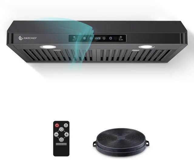 Main image of 30" Under-Cabinet Range Hood, 750 CFM Black Kitchen Vent | Stainless Steel hood with Touch/Remote/Gesture Control, timer, LED lights & dishwasher-safe baffle filters 3 outlets
