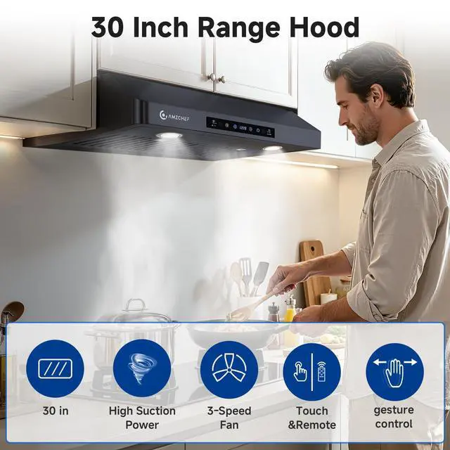 Alt view image 2 of 7 - 30" Under-Cabinet Range Hood, 750 CFM Black Kitchen Vent | Stainless Steel hood with Touch/Remote/Gesture Control, timer, LED lights & dishwasher-safe baffle filters 3 outlets