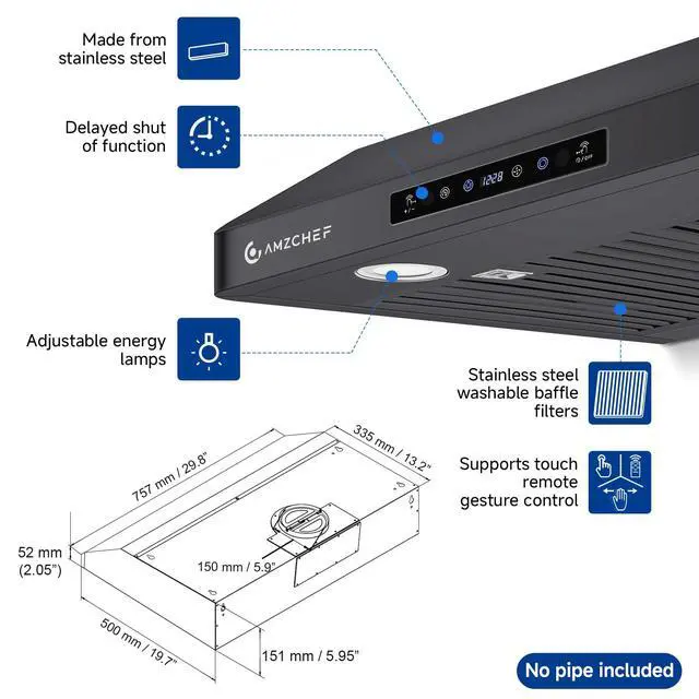 Alt view image 3 of 7 - 30" Under-Cabinet Range Hood, 750 CFM Black Kitchen Vent | Stainless Steel hood with Touch/Remote/Gesture Control, timer, LED lights & dishwasher-safe baffle filters 3 outlets