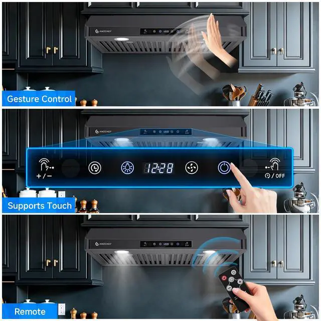 Alt view image 4 of 7 - 30" Under-Cabinet Range Hood, 750 CFM Black Kitchen Vent | Stainless Steel hood with Touch/Remote/Gesture Control, timer, LED lights & dishwasher-safe baffle filters 3 outlets