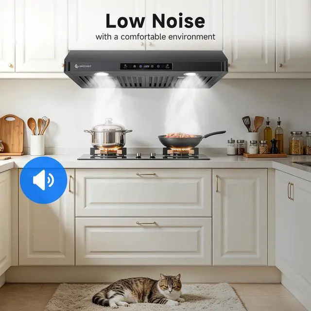 Alt view image 5 of 7 - 30" Under-Cabinet Range Hood, 750 CFM Black Kitchen Vent | Stainless Steel hood with Touch/Remote/Gesture Control, timer, LED lights & dishwasher-safe baffle filters 3 outlets