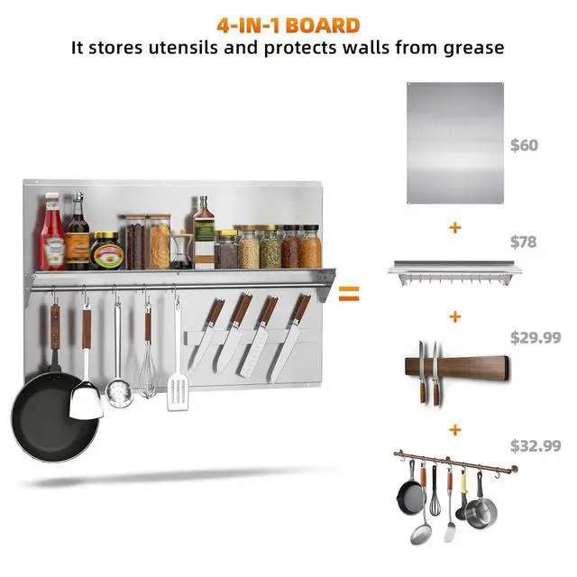 Alt view image 2 of 7 - 36"x24" Stainless Steel Range Backsplash, Stove Backsplash with Storage Shelf & Magnetic Knife Rack, Stainless Steel Backsplash for Stove, Range Hood Wall Shield with Pre-Drilled Holes