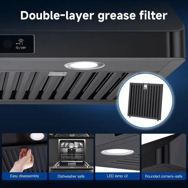 Alt view image 7 of 7 - 30" Under-Cabinet Range Hood, 750 CFM Black Kitchen Vent | Stainless Steel hood with Touch/Remote/Gesture Control, timer, LED lights & dishwasher-safe baffle filters 3 outlets