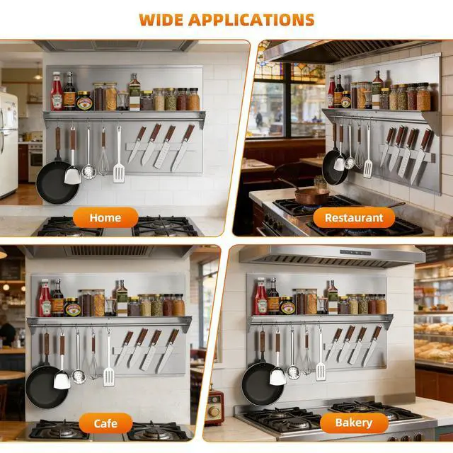 Alt view image 3 of 7 - 36"x24" Stainless Steel Range Backsplash, Stove Backsplash with Storage Shelf & Magnetic Knife Rack, Stainless Steel Backsplash for Stove, Range Hood Wall Shield with Pre-Drilled Holes