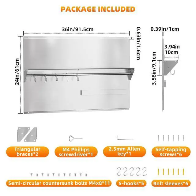 Alt view image 5 of 7 - 36"x24" Stainless Steel Range Backsplash, Stove Backsplash with Storage Shelf & Magnetic Knife Rack, Stainless Steel Backsplash for Stove, Range Hood Wall Shield with Pre-Drilled Holes