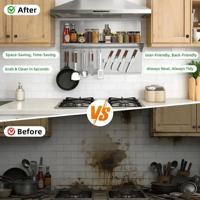 Alt view image 4 of 7 - 36"x24" Stainless Steel Range Backsplash, Stove Backsplash with Storage Shelf & Magnetic Knife Rack, Stainless Steel Backsplash for Stove, Range Hood Wall Shield with Pre-Drilled Holes
