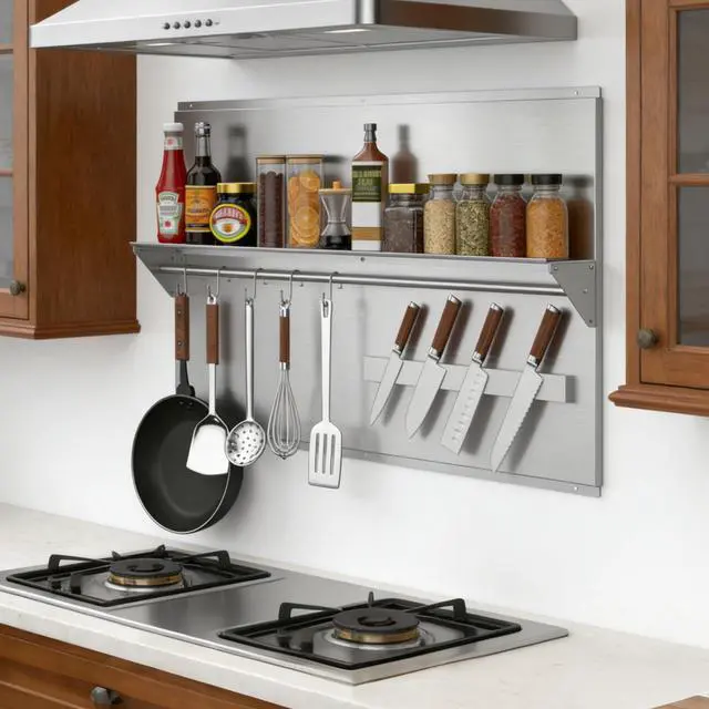Alt view image 7 of 7 - 36"x24" Stainless Steel Range Backsplash, Stove Backsplash with Storage Shelf & Magnetic Knife Rack, Stainless Steel Backsplash for Stove, Range Hood Wall Shield with Pre-Drilled Holes
