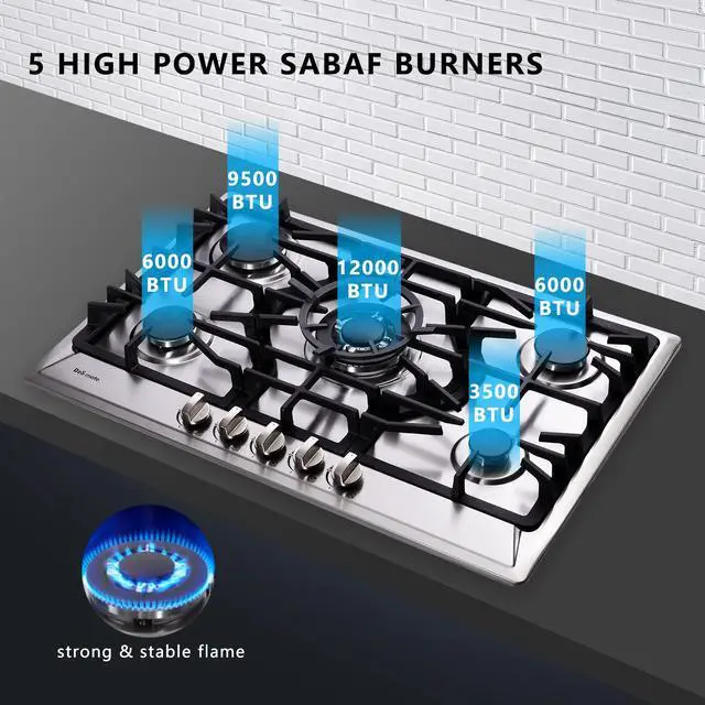 Alt view image 2 of 7 - 30 Inch Gas Cooktop, Built-in Stainless Steel 5 Burners Gas Stovetop LPG/NG Convertible Gas Stove Top Dual Fuel Gas Hob DM527-SC02