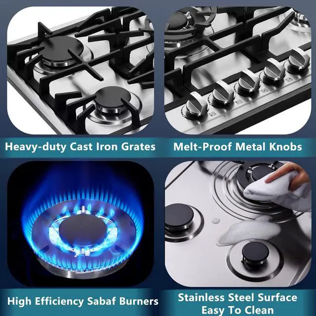 Alt view image 3 of 7 - 30 Inch Gas Cooktop, Built-in Stainless Steel 5 Burners Gas Stovetop LPG/NG Convertible Gas Stove Top Dual Fuel Gas Hob DM527-SC02