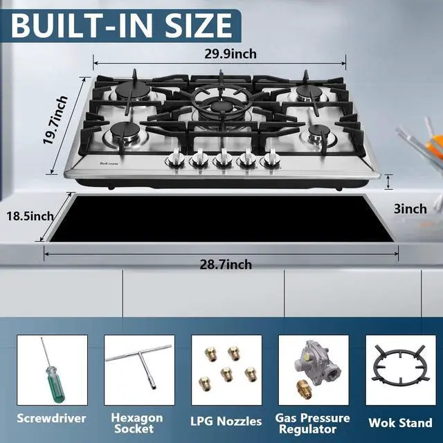 Alt view image 4 of 7 - 30 Inch Gas Cooktop, Built-in Stainless Steel 5 Burners Gas Stovetop LPG/NG Convertible Gas Stove Top Dual Fuel Gas Hob DM527-SC02