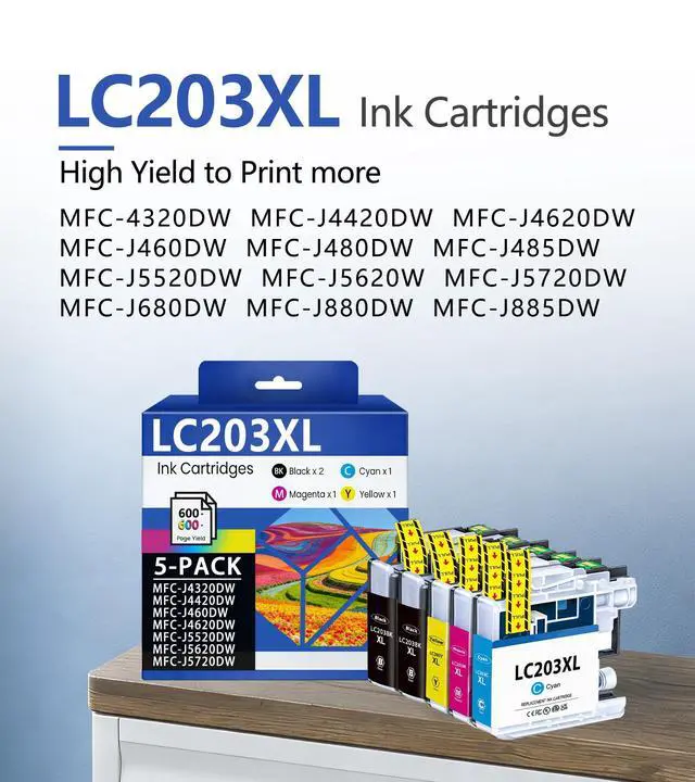 Alt view image 2 of 7 - LC203XL Ink Cartridges High Yield 5-Pack 2BK/C/M/Y | Replacement for Brother LC203 XL LC201 LC203BK Ink MFC-J480DW MFC-J485DW MFC-J460DW MFC-J4620DW MFC-J4420DW Printer