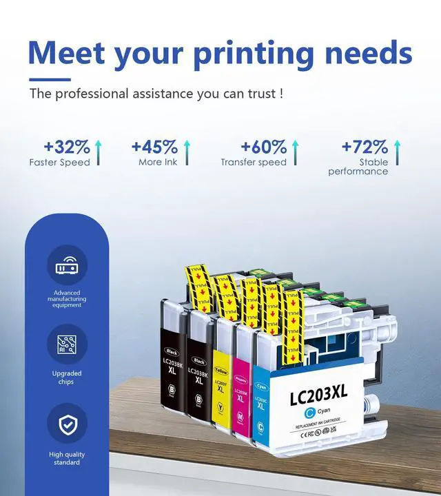Alt view image 4 of 7 - LC203XL Ink Cartridges High Yield 5-Pack 2BK/C/M/Y | Replacement for Brother LC203 XL LC201 LC203BK Ink MFC-J480DW MFC-J485DW MFC-J460DW MFC-J4620DW MFC-J4420DW Printer