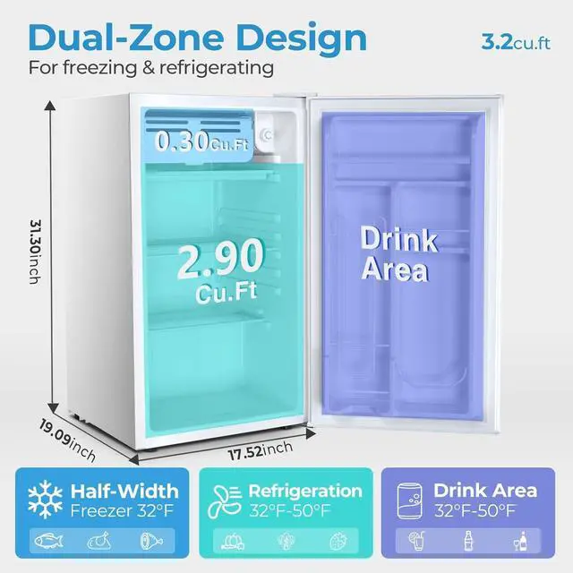 Alt view image 5 of 7 - 3.2 Cu.Ft Mini Fridge with Freezer, Freestanding Compact Refrigerator with Reversible Door & 7-Speed Thermostat, Small Fridge for Office, Apartment, Gameroom (WHITE)