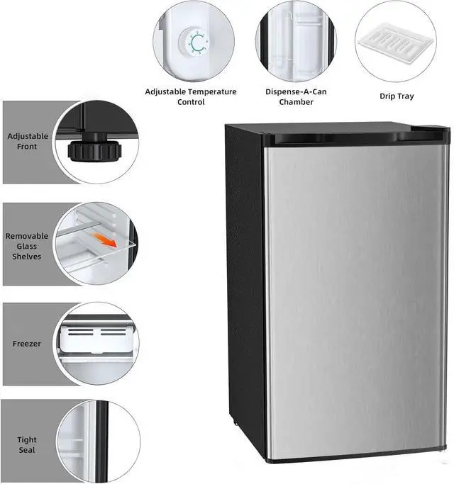 Alt view image 2 of 7 - 3.2 Cu.Ft Mini Fridge with Freezer, Freestanding Compact Refrigerator with Reversible Door & 7-Speed Thermostat, Small Fridge for Office, Apartment, Gameroom (STEEL)