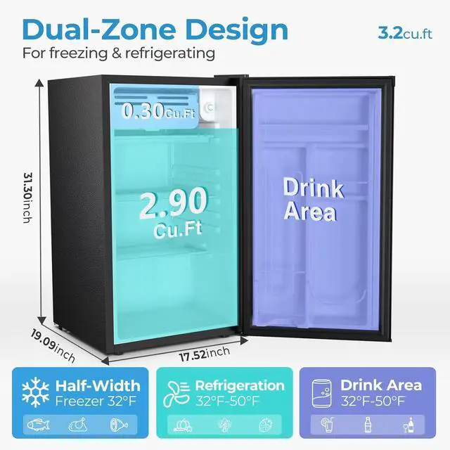 Alt view image 5 of 7 - 3.2 Cu.Ft Mini Fridge with Freezer, Freestanding Compact Refrigerator with Reversible Door & 7-Speed Thermostat, Small Fridge for Office, Apartment, Gameroom (STEEL)