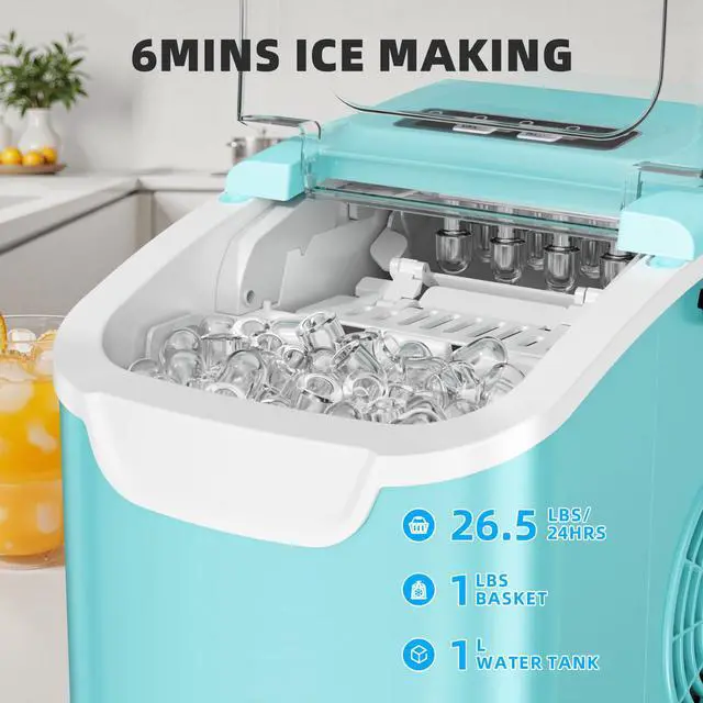 Alt view image 2 of 7 - Countertop Ice Maker, Portable Ice Machine with Carry Handle, 26.5Lbs/24H, 2 Sizes Bullet Ice, 8Cubes in 6 Mins Office/Kitchen/Bar White