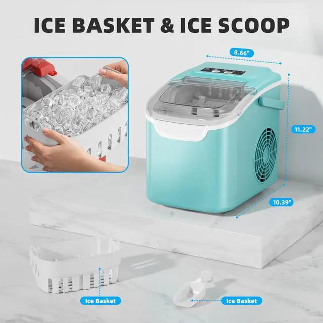 Alt view image 4 of 7 - Countertop Ice Maker, Portable Ice Machine with Carry Handle, 26.5Lbs/24H, 2 Sizes Bullet Ice, 8Cubes in 6 Mins Office/Kitchen/Bar White